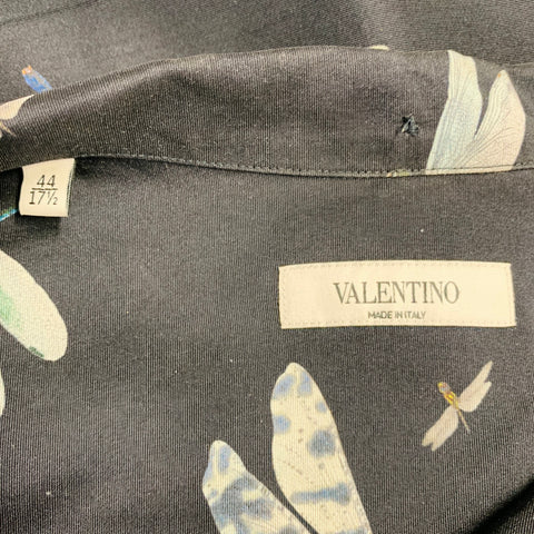 VALENTINO Size XL Black Multi Color Dragonflies Silk One Pocket Camp Short Sleeve Shirt