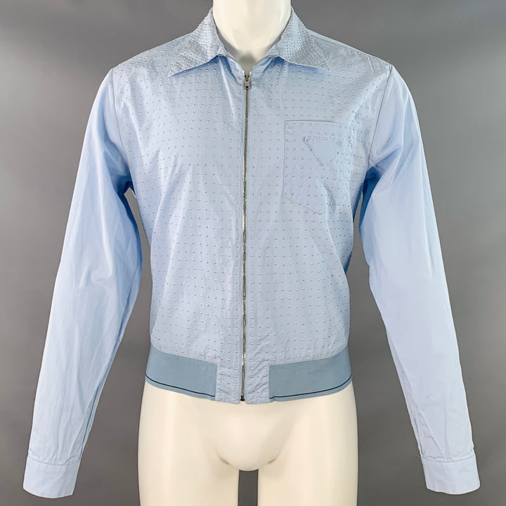 PRADA Size M Blue Silver Studded Cotton Zip Up Long Sleeve Shirt
