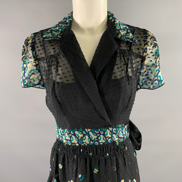 ANNA SUI Size 4 Black Blue Silk Floral Midi Knee-Length Dress