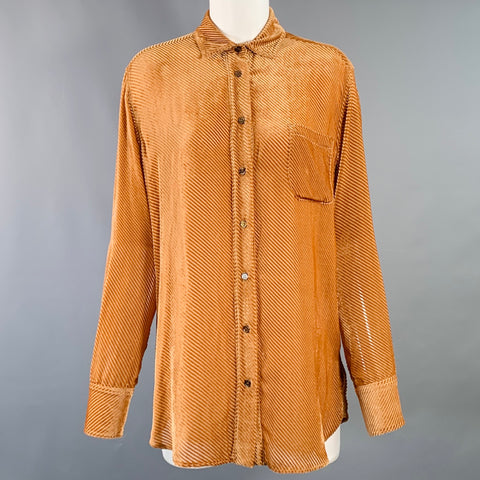 SIES MARJAN Size 4 Tan Viscose Silk Velvet Diagonal Stripe One Pocket Shirt