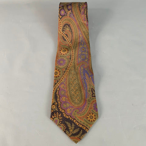 RALPH LAUREN Brown Forest Green Paisley Silk Twill Tie