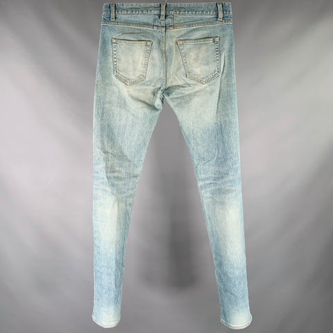 SAINT LAURENT 2016 Size 31 Blue Distressed Cotton Blend Narrow Leg Jeans