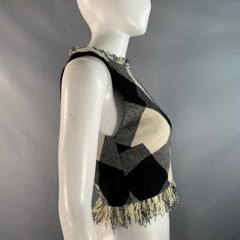 ZAC POSEN Size 0 Black White Wool / Polyester Checkered Fringed Dress Top