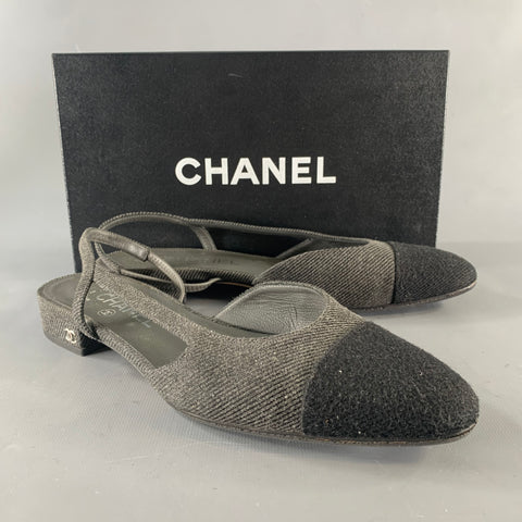 CHANEL Size 8.5 Charcoal Navy Wool Leather Trim Classic Flats