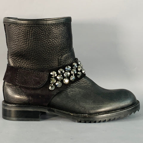PEDRO GARCIA Size 7 Black Studded Swarovski Crystals Pull On Ankle Biker Boots
