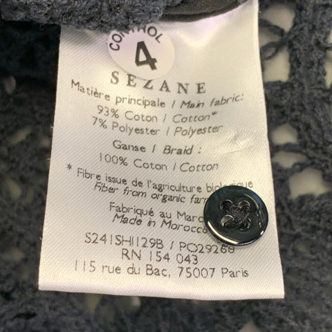 SEZANE Size 4 Black Cotton Blend Lace Spread Collar Hidden Buttons Shirt