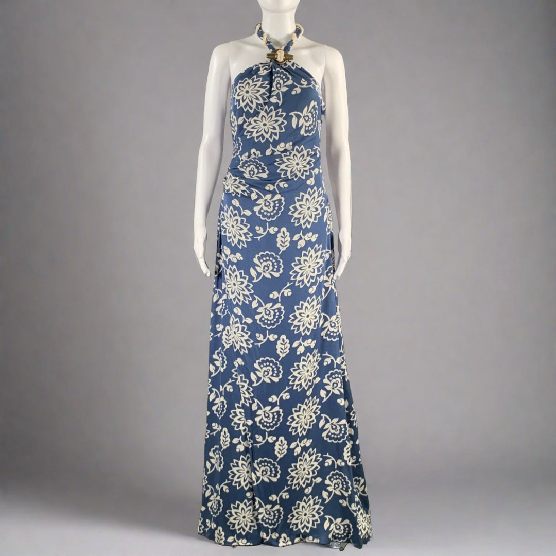 RALPH LAUREN Size 8 Blue White Silk Floral Halter Long Dress RALPH LAUREN Size 8 Blue White Silk Floral Halter Long Dress