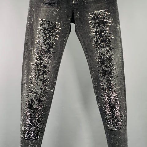 PHILIPP PLEIN Size 29 Black Grey Paint Splatter Cotton Straight Distressed Jeans