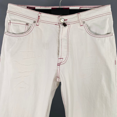 KITON Size 34 White Red Contrast Stitch Distressed Cotton Straight Jeans
