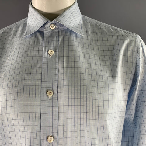KITON Size L Light Blue Windowpane Cotton French Cuff Long Sleeve Shirt