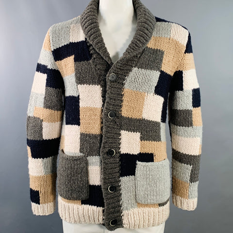 Gilet BARENA Col Châle en Laine Vierge Patchwork Gris Fauve Marron Taille XL