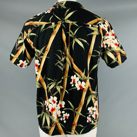 POHAKU T'S Size L Black Multi Color Hawaiian Cotton Camp Short Sleeve Shirt