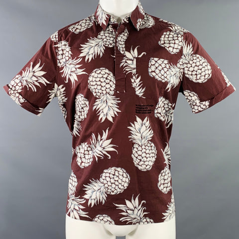 VALENTINO Size M Brown White Pineapple Print Cotton Pop Over Short Sleeve Shirt