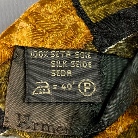 ERMENEGILDO ZEGNA Yellow Green Squares Leaves Silk Tie