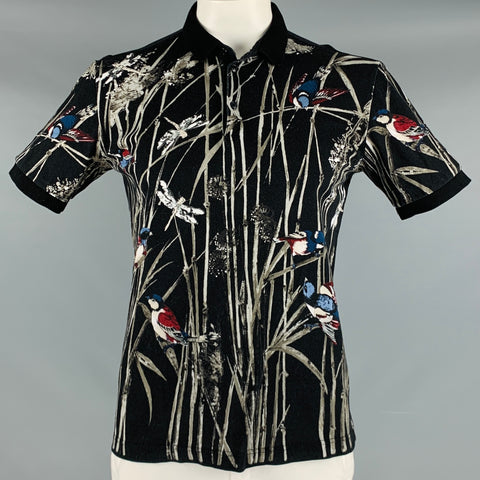 DOLCE & GABBANA Size L Black Grey Birds Cotton Buttoned Polo