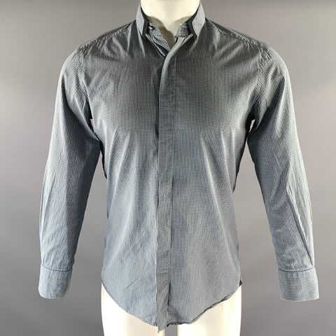 LANVIN Size S White Teal Gingham Cotton Point Collar Long Sleeve Shirt