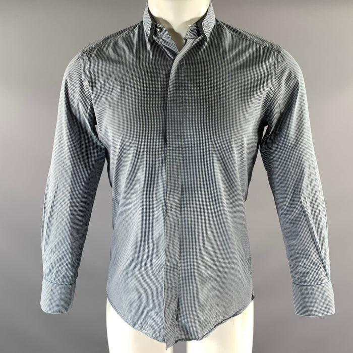 LANVIN Size S White Teal Gingham Cotton Point Collar Long Sleeve Shirt