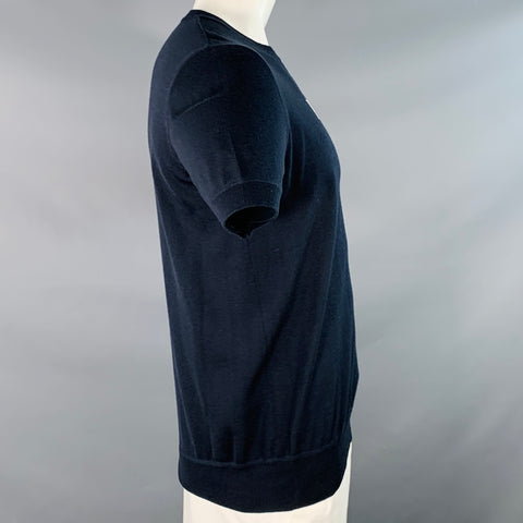 PRADA Size L Navy White Logo Cashmere Wool Jersey Short Sleeve Crew Neck Pullover