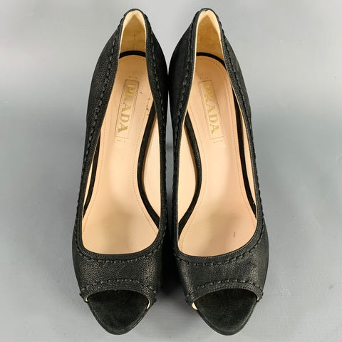 PRADA Size 8 Black Leather Peep Toe Pumps