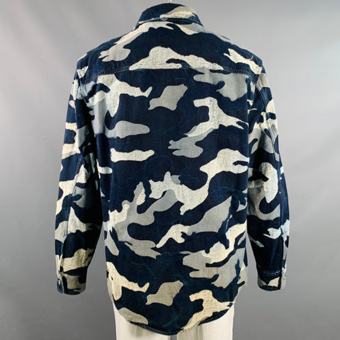 VALENTINO Chemise à manches longues en coton camouflage indigo taille 42 coupe oversize
