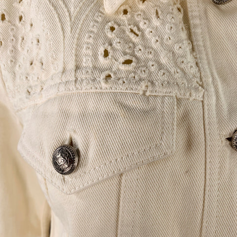 ETRO Size M Cream Eyelet Denim Fringe Trucker Jacket Blazer