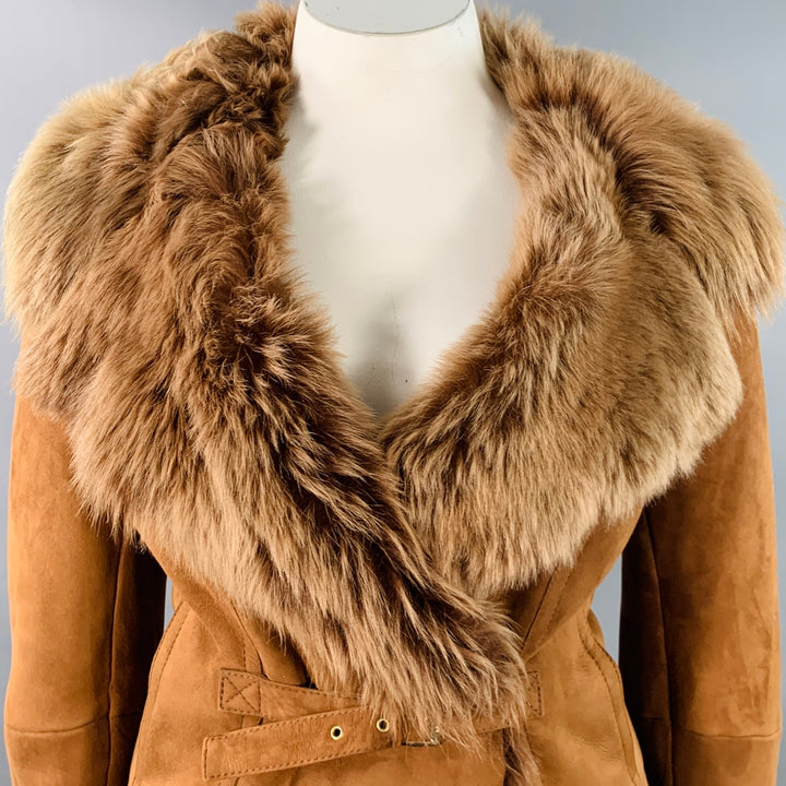 MAX MARA Size 12 Brown Rust Suede Shearling Trim Coat