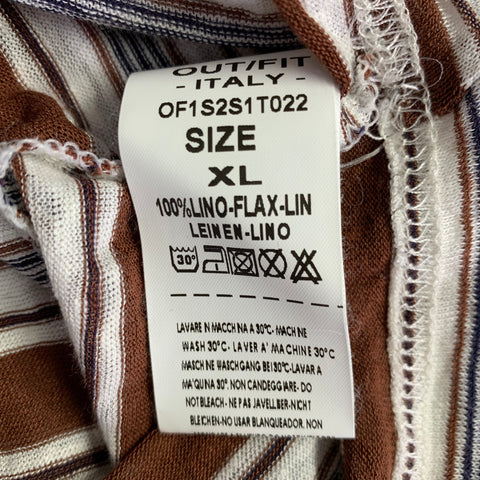 OUT/FIT Size XL Brown White Navy Stripe Linen Crew Neck T-shirt