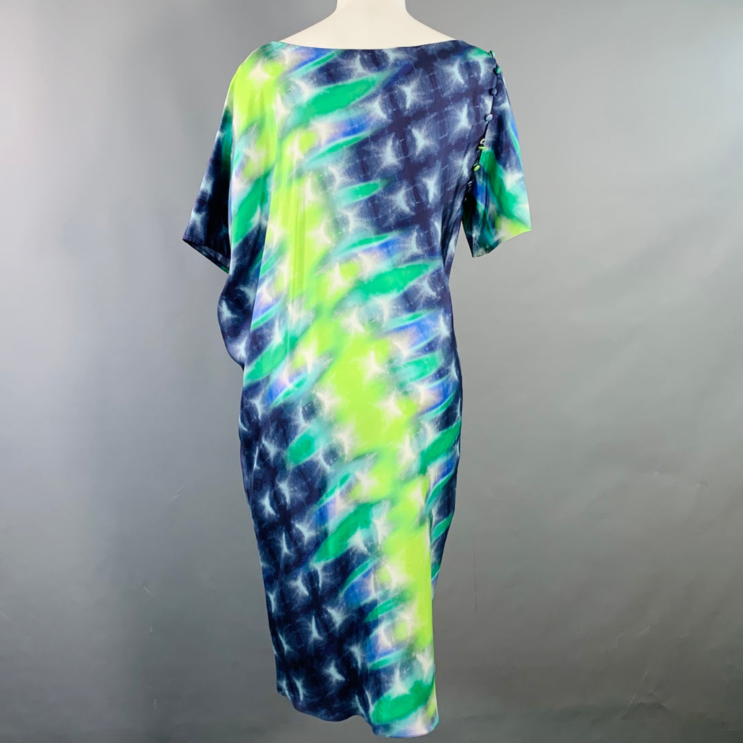 PRABAL GURUNG Size 6 Blue Green Silk Tie Dye Asymmetrical Batwing Midi Dress