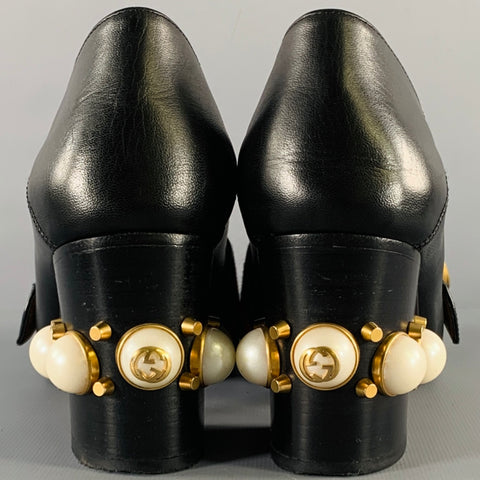 GUCCI Size 7.5 Marmont Black Leather Pearls Chunky Heel Pumps