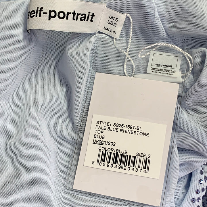 SELF-PORTRAIT SS25 Size 2 Pale Blue Polyester Blend Rhinestones Ruched Cutouts Dress Top
