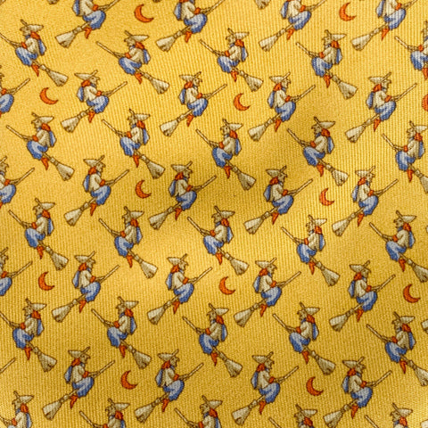 SALVATORE FERRAGAMO Halloween Witches Yellow Multi Color Print Silk Tie