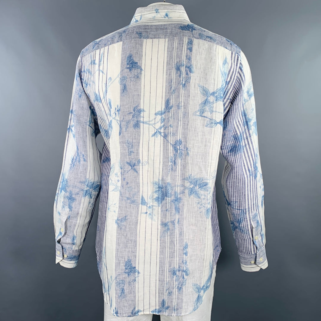 ETRO Size XXL White Blue Floral Linen Curved Cutaway Long Sleeve Shirt