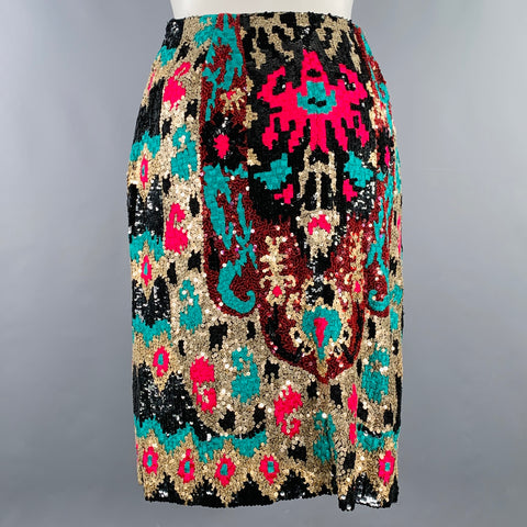 NAEEM KHAN Size S Black Pink Green Sequined Pencil Below Knee Skirt