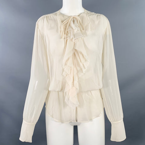 VINCE Size M Cream Silk Chiffon Ruffled Elastic Waistband Casual Top