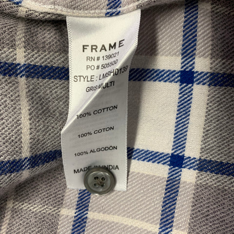 FRAME Size L White Grey Navy Cotton Patch Pockets Long Sleeve Shirt