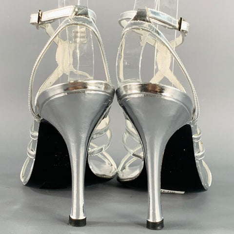 STUART WEITZMAN Size 6 Metallic Silver Patent Leather Strappy Ankle Strap Sandals