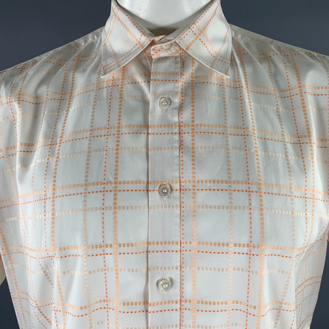 TED BAKER Size L Cream Orange Tartan Cotton Cutaway Short Sleeve Shirt
