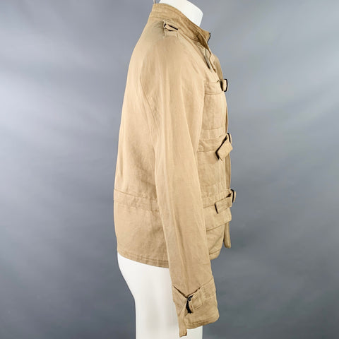 BOTTEGA VENETA Size 40 Khaki Linen Cotton Twill Buckles Zip Up Bondage Jacket