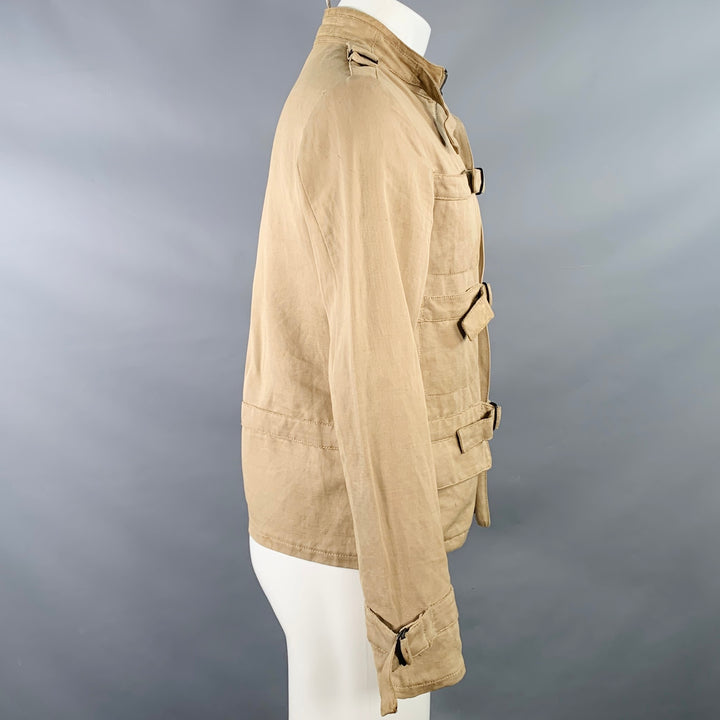 BOTTEGA VENETA Size 40 Khaki Linen Cotton Twill Buckles Zip Up Bondage Jacket