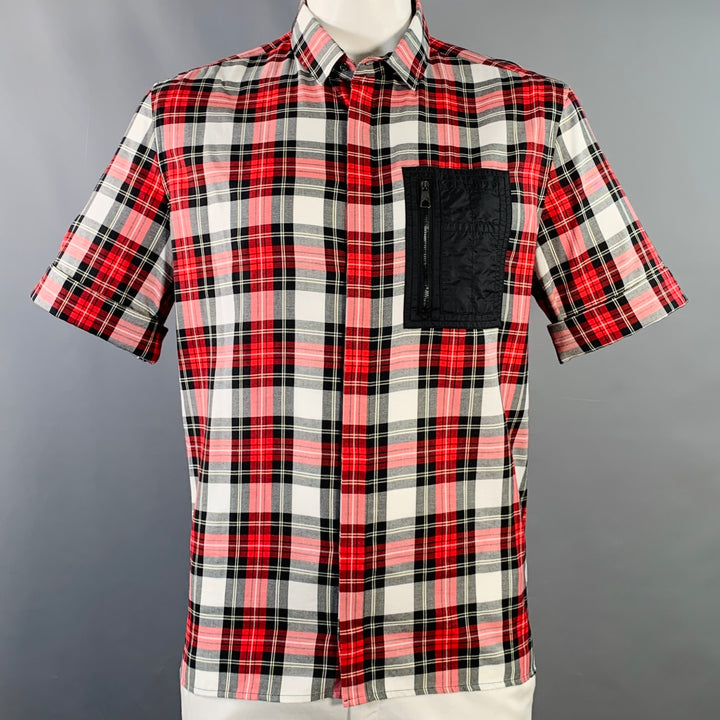 NEIL BARRETT Size XL Red Black White Plaid Cotton One Pocket Short Sleeve Shirt