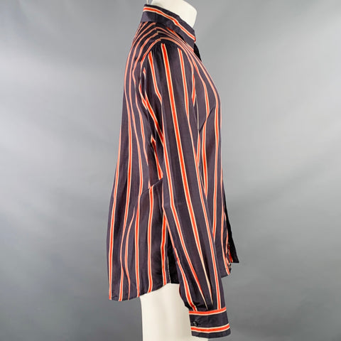 BAGUTTA Size S Black Red Beige Stripe Silk Curved Cutaway Long Sleeve Shirt