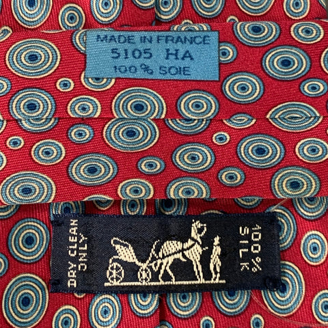 HERMES Red Blue White Circles Silk Tie
