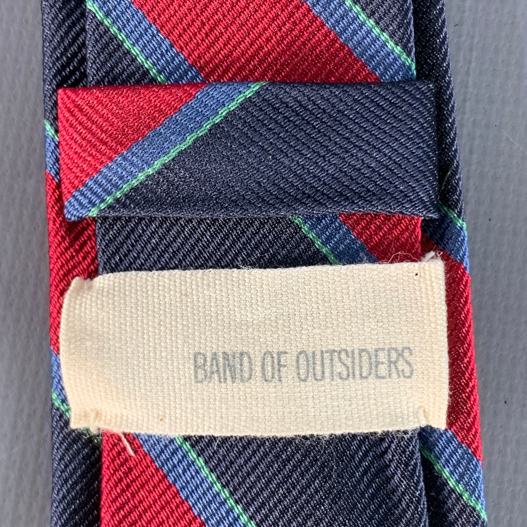 BAND OF OUTSIDERS Navy Red Green Diagonal Stripe Silk Skinny Tie
