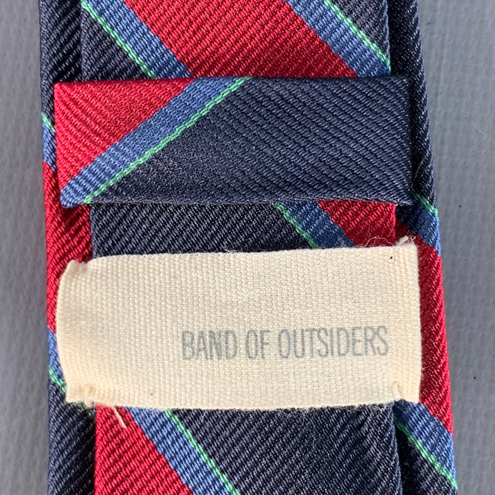 BAND OF OUTSIDERS Navy Red Green Diagonal Stripe Silk Skinny Tie