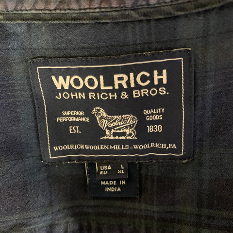 WOOLRICH Size L Navy Green Plaid Cotton Band Collar Long Sleeve Shirt