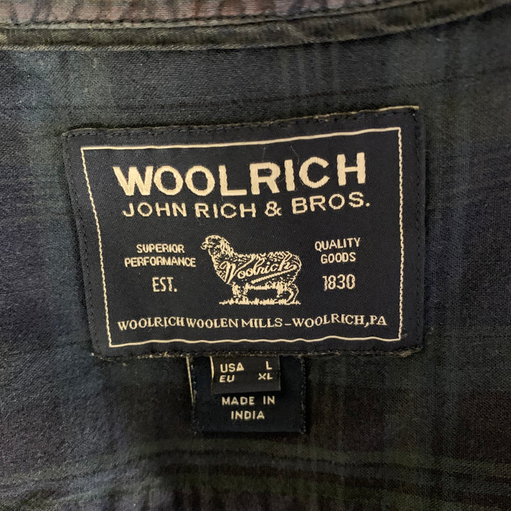 WOOLRICH Size L Navy Green Plaid Cotton Band Collar Long Sleeve Shirt