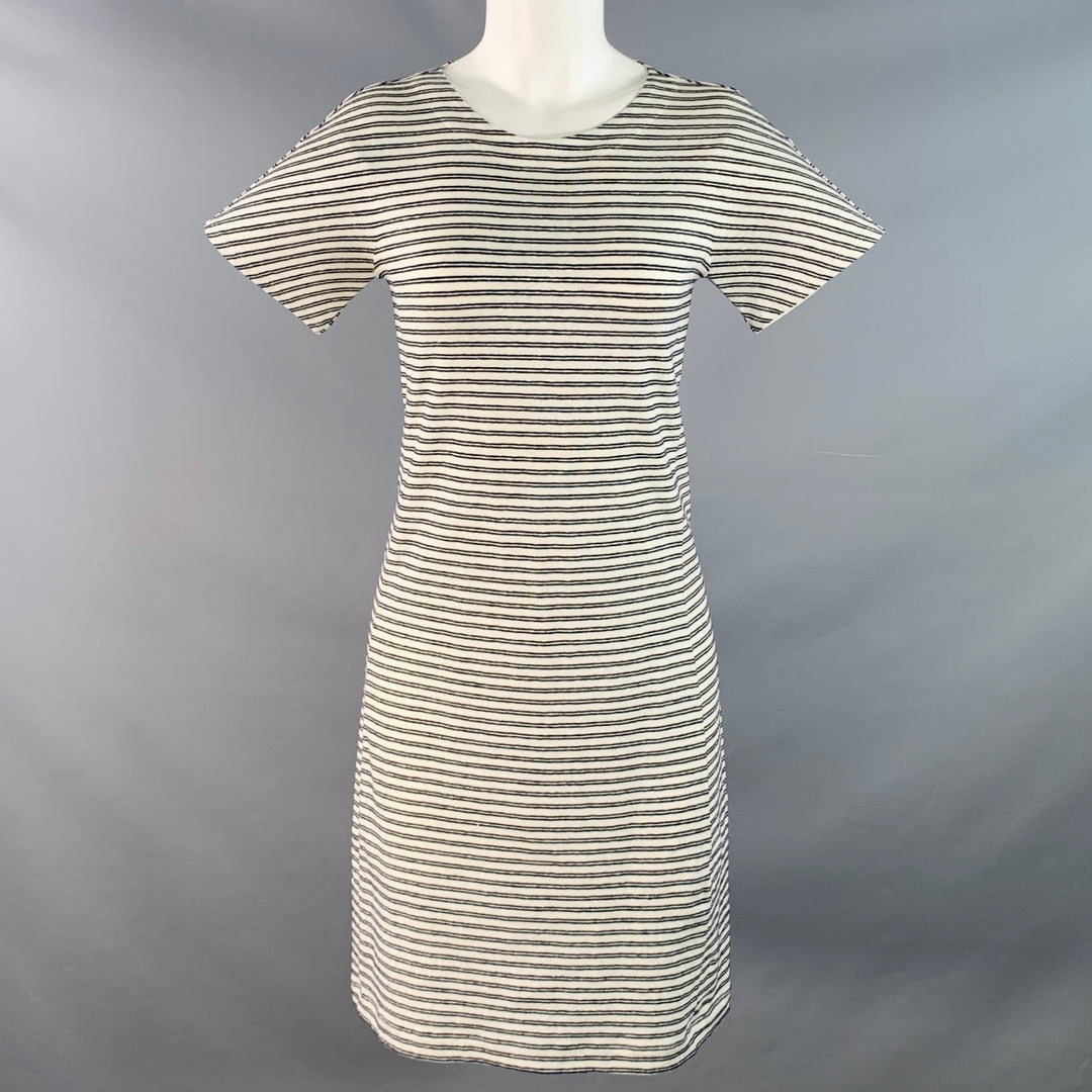 THEORY Size S Adiany B White Navy Linen Cotton Blend Stripe Midi T-Shi Sui Generis Designer Consignment THEORY Size S Adiany B White Navy Linen Cotton Blend Stripe Midi T-Shi Sui Generis Designer Consignment