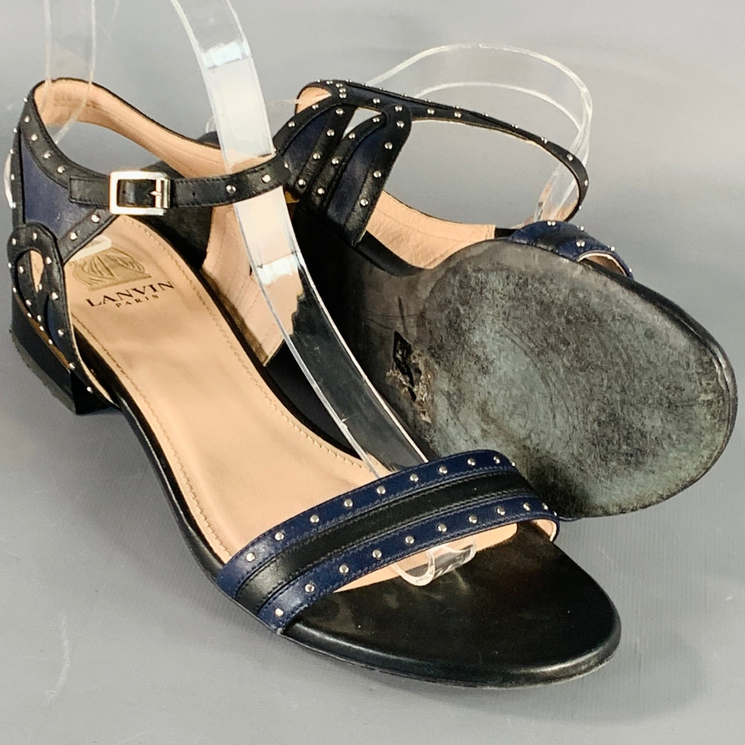 LANVIN Size 8.5 Navy Black Leather Studded Ankle Strap Sandals