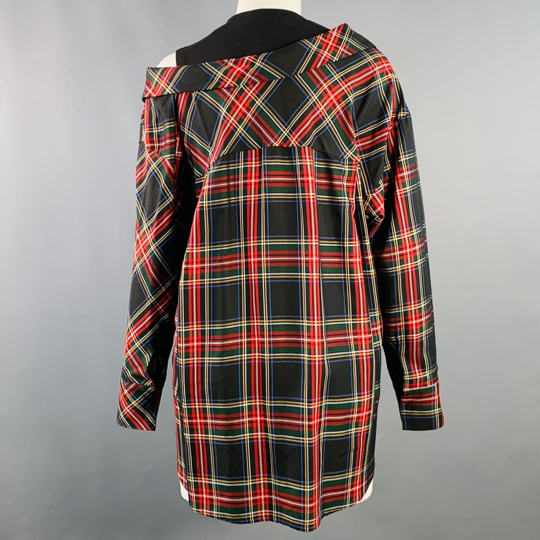 MAJE Size S Black Multi Color Acetate Blend Plaid Asymmetrical Casual Top