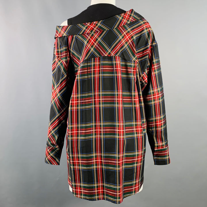 MAJE Size S Black Multi Color Acetate Blend Plaid Asymmetrical Casual Top